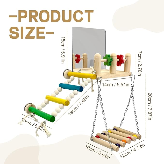 Bird Toys with Bird Mirror Climbing Ladder Swing Wooden Play Gym - Parakeet Toys & Cage Accessories for Cockatiels, Lovebirds, Budgies, Finch, Canaries