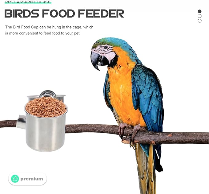 POPETPOP 2 Pcs Bird Parrot Feeding Double Cups with Clip - Stainless Steel Bird Bowls for Cage, Food Feeder Cups Hanging Bowl for Cage Stand Accessories