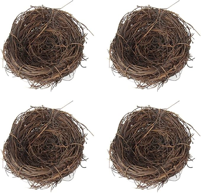 EUBUY Artificial Birds Nest, 4 Set Handmade Natural Rattan Birds Nest Decor with Foam Eggs for DIY Crafts Garden Yard Home Party Easter Decoration
