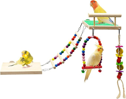 5 Pack Bird Cage Accessories, Multicolor Wooden Enrichment Playground with Swing Perch, Bridge, Chew Toys, Bird Supplies for Budgies, Cockatiels, Lovebirds, Small to Medium Birds