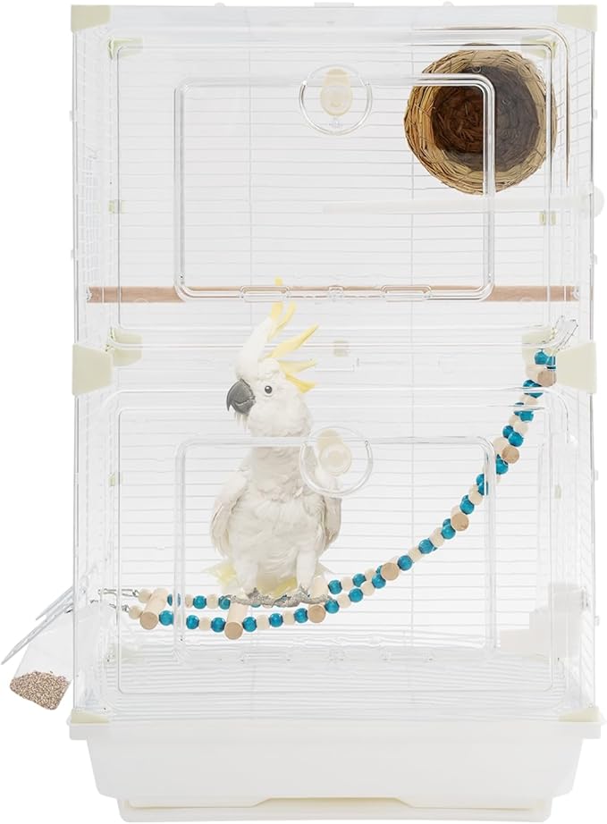 2-Door Wrought Iron Bird Cage Parakeet Cage with Handles, 25" H Parrot Cage Pet Birds Flight Cage, 360° View Interactive Birdcages Bird House Travel Cages for 1-3 Birds (Transparent)