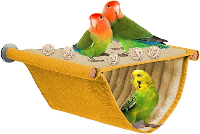 Winter Warm Bird Nest Bed, Parrot Hanging Hammock Snuggle Hut and 5 Rattan Balls, Parrot Hanging Bed Cage House Bird Cage Stand Perch for Parakeet Budgies Cockatiels Hamster Chinchilla (Yellow)