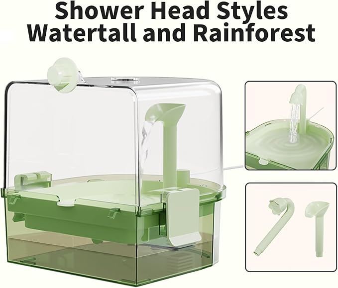 Automatic Bird Baths for Cage – Indoor Parakeet Bath with Pump, Bird Shower with 2 Modes Running Water, Bird Cage Accessory for Pet Birds Conure Budgies Cockatiels Lovebird(Green)