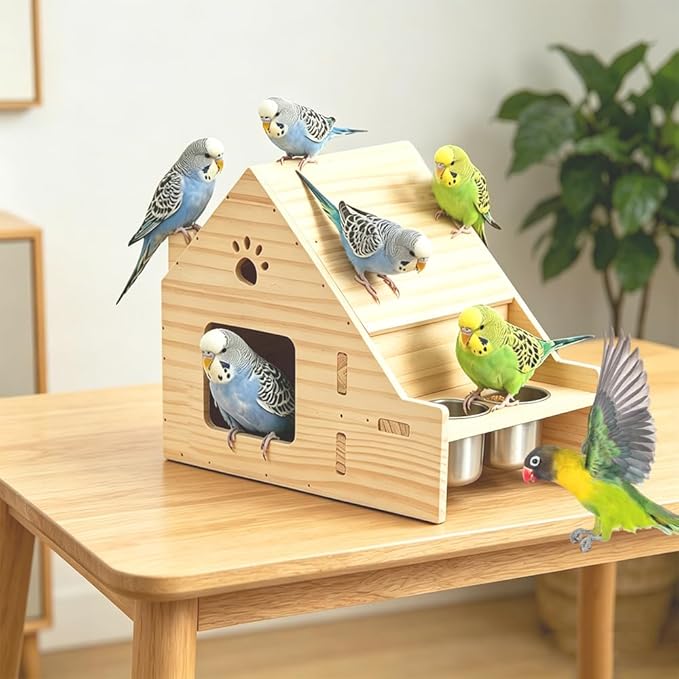 DQITJ Bird Wooden Nest with 2 Pcs Stainless Steel Food Bowl Cage Breeding House for Small Bird Conure Lovebird Finch Parrot Parakeet Cockatiel Budgie