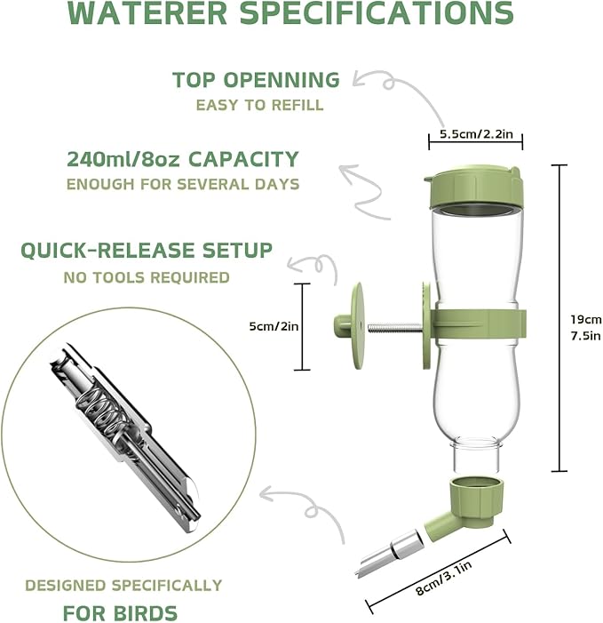 Bird Feeder Water Dispenser Set, Automatic Cage Feeder with Perch for Parakeet Canary Cockatiel Finch Budgie (Green)