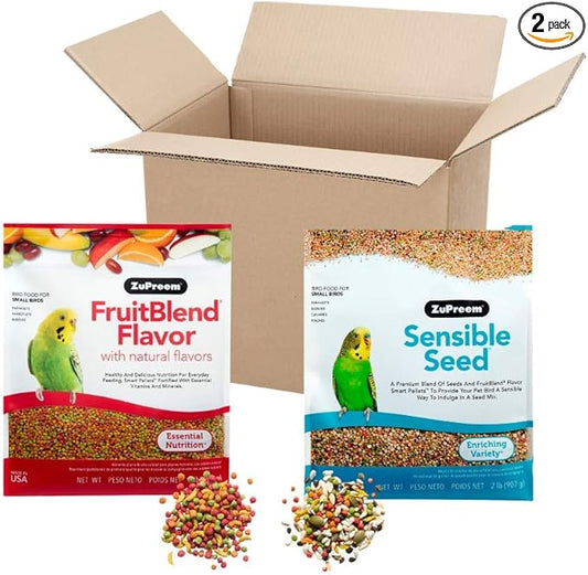 ZuPreem Bundle FruitBlend Pellets & Sensible Seed for Small Birds (2 lb Each, Pack of 2) – Complete Daily Nutrition & Enrichment Seed Mix for Parakeets, Budgies, Parrotlets, Canaries & Finches