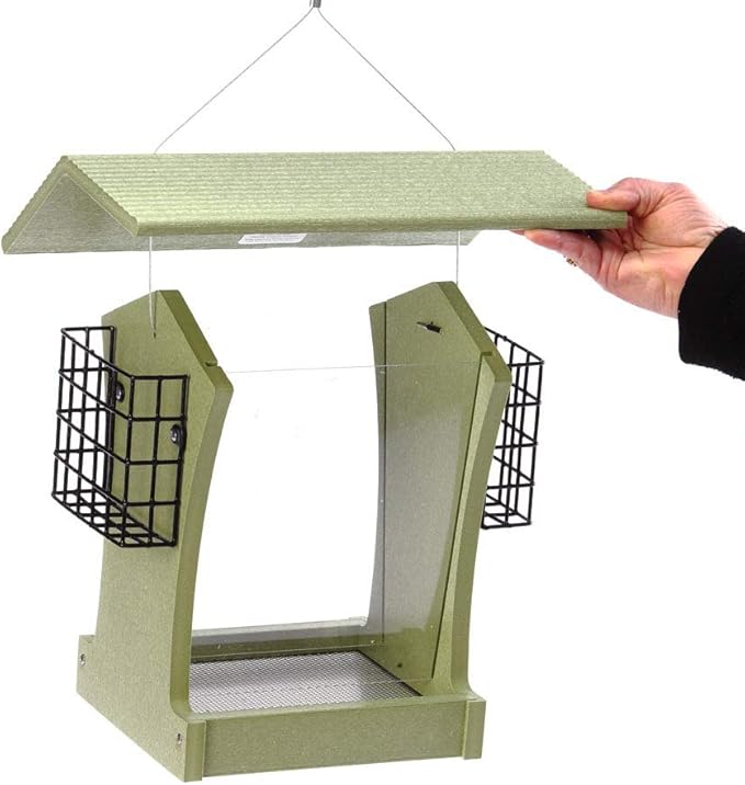 Birds Choice GSHF300S Tall Hopper Feeder with Suet Cages, Recycled Hanging Bird Feeder, 5 Quarts, Green