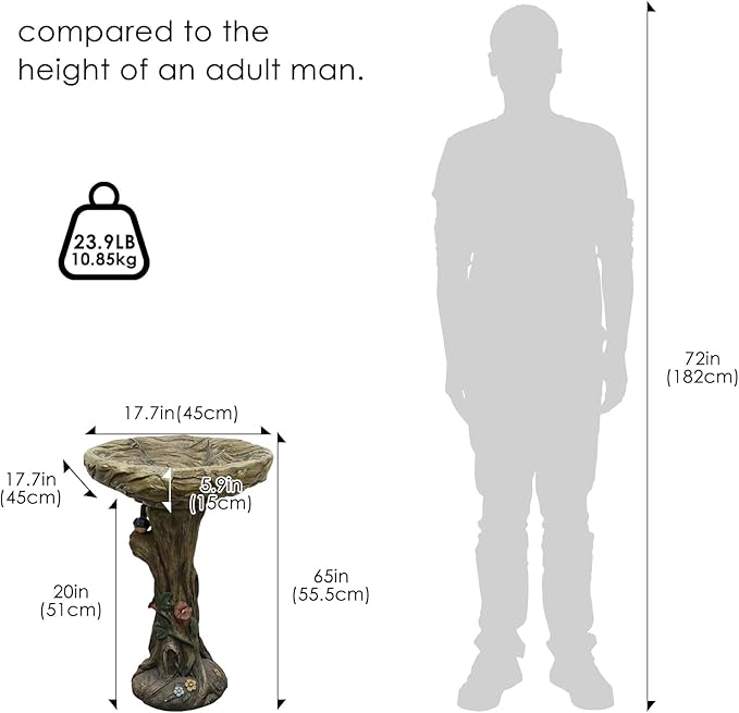 SKYFIRE 25.5” H Fibre Reinforced Concrete Bird Bath with Birds for Garden, Woodland Tree Trunk Decoration Outdoor Bird Bath，Pedestal Birdbaths for Outdoors, Garden, Patio, Lawn, Backyard