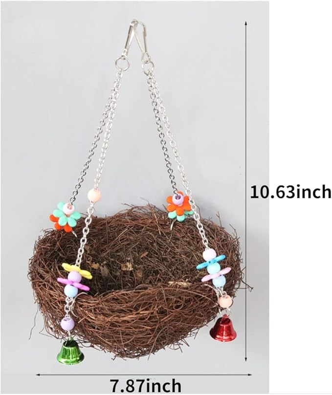 Natural Rattan Nest Small Medium Large Bird Swing with Bells for Parrot Parakeet Cockatiel Conure Cockatoo Macaw Amazon African Grey Lovebird Finch Canary Budgie Cage Perch Toy (Large)