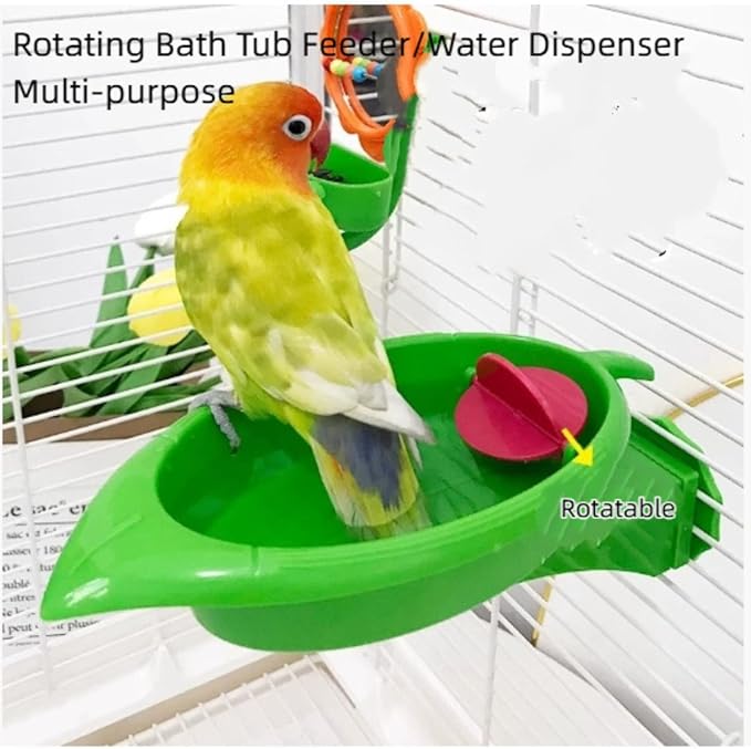 2PCS Multi-Function Bird Bath & Feeder Set, Cute Leaf Shape Bathing Tub with Wheel Toy, Bird Feeder with Flower Shape Mirror & Ringing Bell for Canary Finch Budgie Lovebird Conure