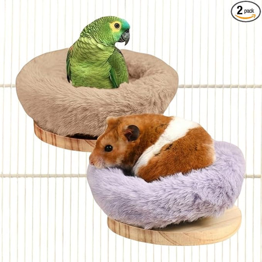 2Pcs Bird Perch Stand Platform Plush Parrot Hanging Hammock Warm Bird Nest Snuggle Hut Birds Sleeping Bed Wood Perch for Parrot,Budgies,Parakeet,Cockatiels,Conure,Lovebirds-Purple&Brown