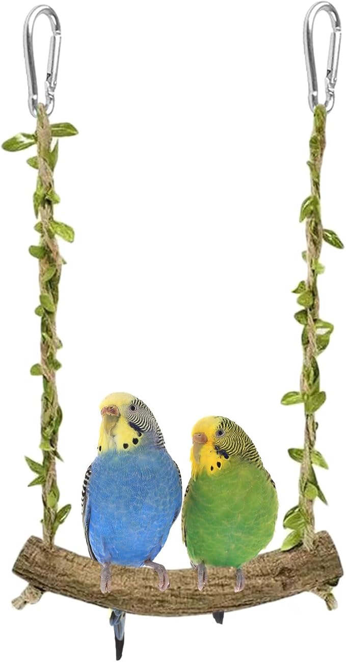 Natural Wood Bird Swing Perch with Decorative Leaves - 7.1" Durable Bird Stand Platform Toy for Cage, Hanging Budgie Parakeet Hammock Accessories for Lovebirds, Cockatiels, Conures, Finches