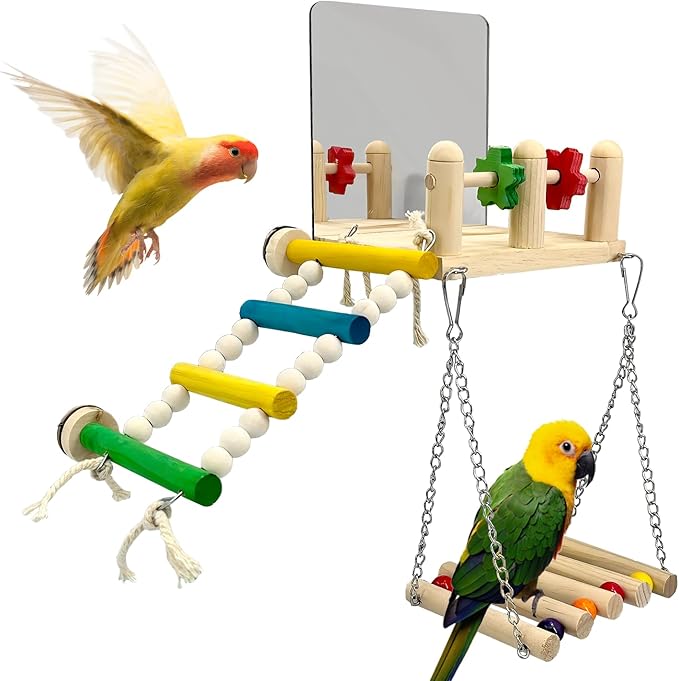 Bird Toys with Bird Mirror Climbing Ladder Swing Wooden Play Gym - Parakeet Toys & Cage Accessories for Cockatiels, Lovebirds, Budgies, Finch, Canaries