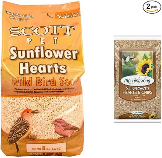 Scott Pet Sunflower Hearts/Chips 8LB & Morning Song Sunflower Hearts & Chips Wild Bird Food, No Mess Sunflower Seeds for Birds, 5.5-Pound Bag
