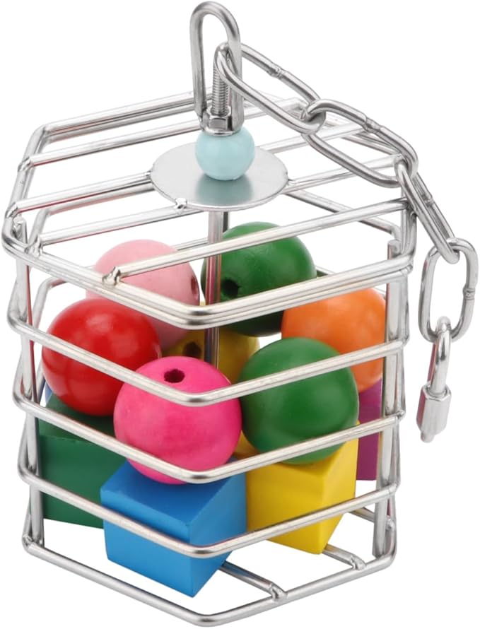 Bird Stainless Steel Foraging Feeder Parrot Hanging Feeding Box for Macaw African Grey Cockatoo Cockatiel Amazon Cage (Foraging Feeder with Blocks)