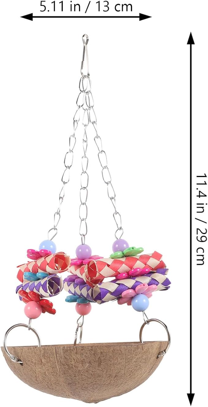 Bird Hammock Coconut Shell Hamster Nest Parrot Cage with Chain Charm and Fake Flower for Pet Hanging Bed (5x11”)