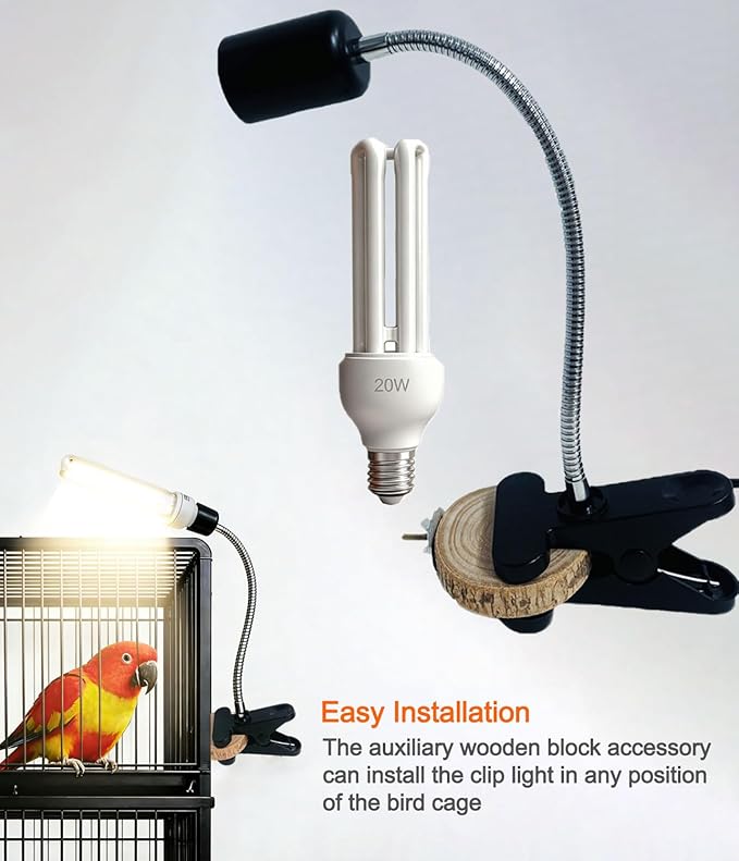 KINGYEENUO Bird Cage Light Fixture Combo Kit, Clip Lamp with Wooden Plywood & 2.4 UVB UVA 20W Compact Fluorescent Bulb, E26 Base UVB Light Combo for All Kinds of Captive Birds