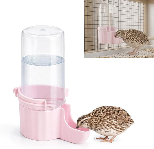 Quail Chick Waterer with Anti-Drowning Shallow Tray, 16.6 fl oz Automatic Gravity Button Quail Waterer, Hanging or Free-Standing Bird Water Dispenser for Wire Mesh Cages and Brooders (Pink)
