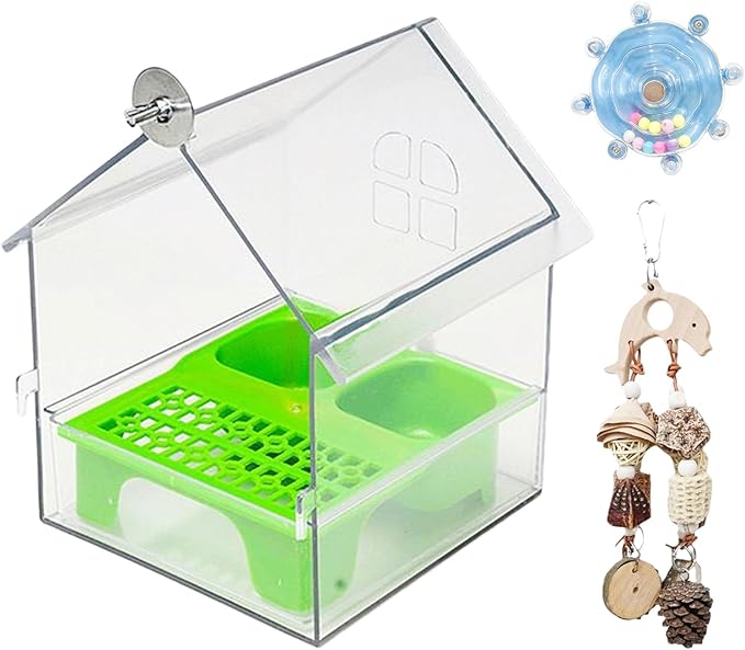 Pull-Out External Parrot Feeder & Bird Bath for Cage - Transparent Easy-Fill Feeder House, Convenient Feeding & Watching for Parrots, Finches, Hummingbirds and Small Birds