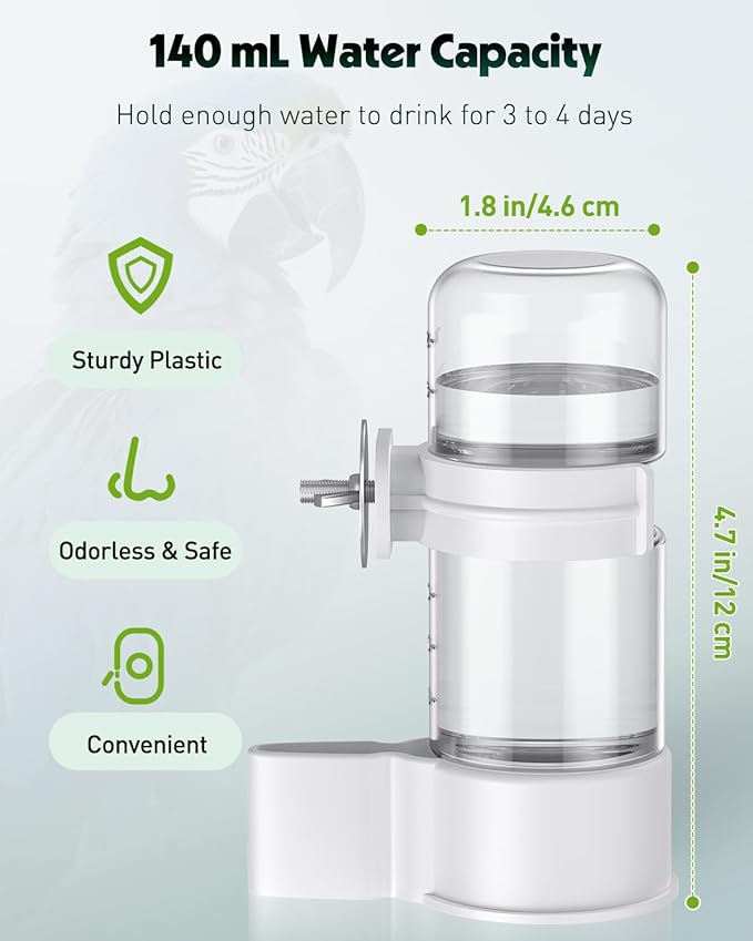Pawfly Bird Water Dispenser, Automatic Water Feeder, Plastic Cage Water Dispenser, White Parrot Waterer for Small Parakeet Cockatiel Budgie Lovebirds (Not Fit for Food Feeding)