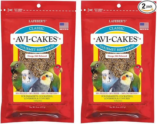 LAFEBER'S Classic Avi-Cakes Pet Bird Food, Made with Non-GMO and Human-Grade Ingredients, for Cockatiels Conures Parakeets (Budgies) Lovebirds (8 oz Pack of 2)