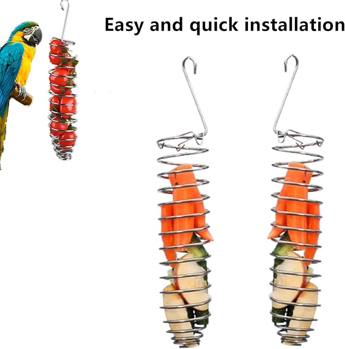 Bird Food Holder Parrots Foraging Toys for Birdcage Hanging, Stainless Steel Bird Treat Feeders Food Basket for Parakeet Cockatiel African Grey Conure Cockatoo Macaw