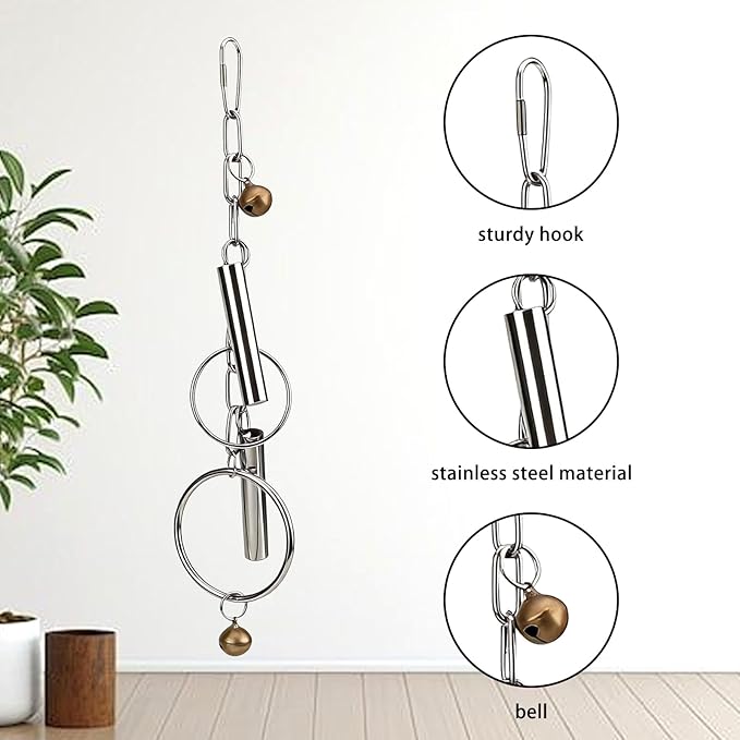 Durable Stainless Steel Bird Bell Toy with Hanging Metal Rings - Heavy Duty Parrot Cage Accessory for Macaws, Cockatoos & Large Birds, Engaging Sound & Chew Resistant Pet Enrichment Toys