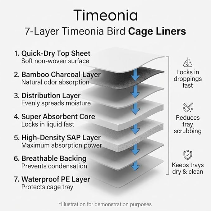 XL Bird Cage Liners 23.6" x 35.4" (20 Pack = 40 Weeks) - 7-Layer Bamboo Charcoal Pads for Macaw & Parrots - Odor & Dander Control - Quick Cleanup Paper Alternative at $0.15/Day