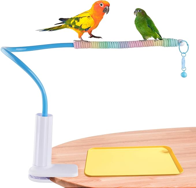 Bird Perch Stand,Bendable Desktop Parrot Training Stand with Tray,Easy to Clean Bird Tabletop Platform Toy,Parakeet Playground Play Stand for Lovebirds Pigeon Budgies,Small Animals（Blue）