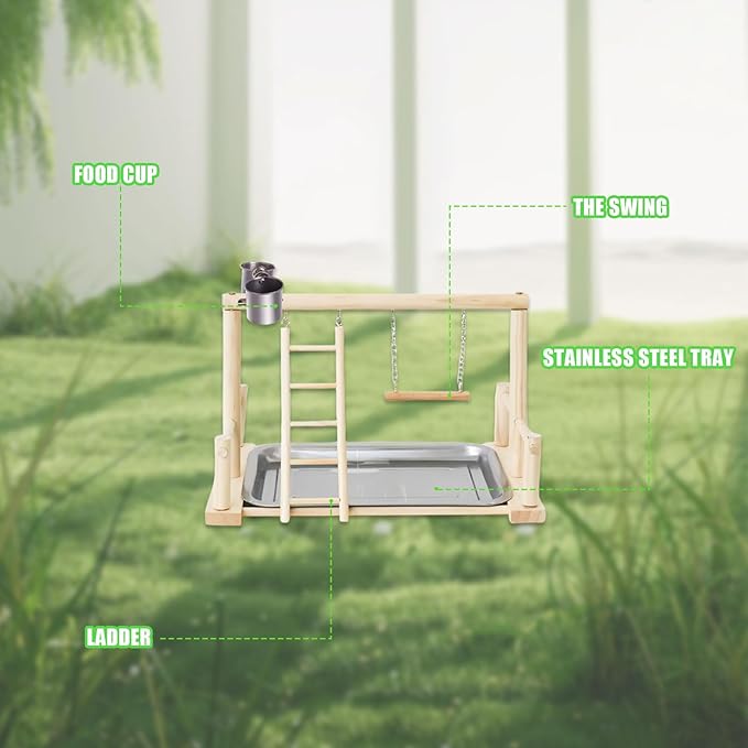 Bird Playground, Natural Wood Bird Perch Stand with Removable Tray and 2 Stainless Steel Feeder Cups, Parrot Playstand Bird Cage Toys for Conure Parakeet Cockatiel Parrot (B)