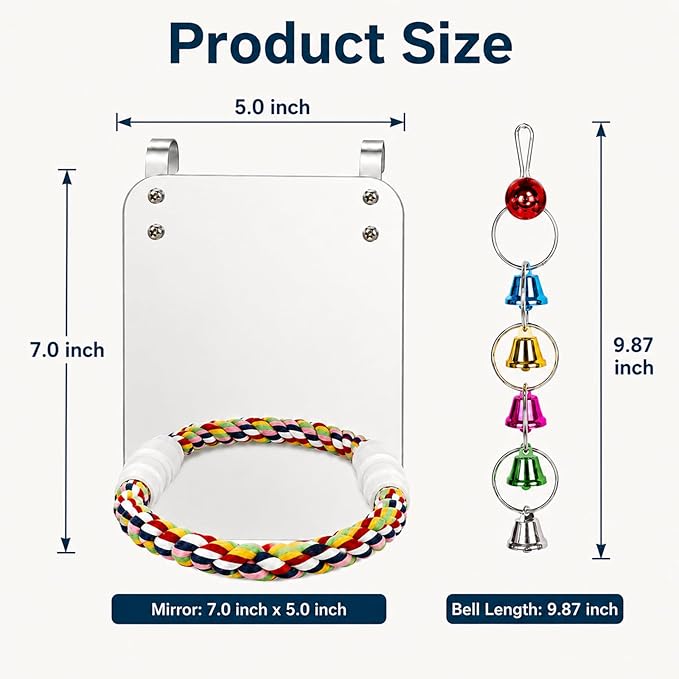 7" Bird Mirror with Rope Perch Bird Toys Swing, Comfy Perch for Greys Amazons Parakeet Cockatiel Conure Lovebirds Finch Canaries