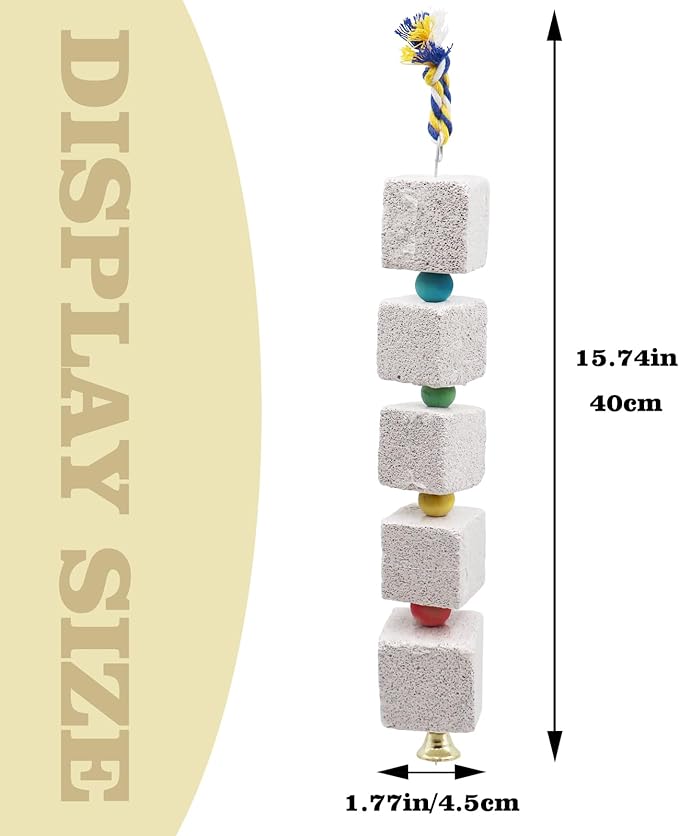 2 Pack Mineral Block Chew Toys with Colorful Beads and a Bell, Bird Beak Grinding Stone, Cage Accessories for African Grey, Budgies, Cockatiels, Small to Medium Birds