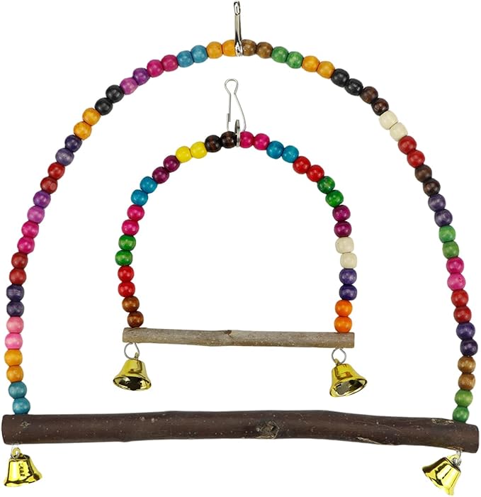 2 Pcs Wooden Bird Swing for Cockatiels Parakeets - Natural Wood Perch Hanging Toy with Colorful Beads Bell, Birdcage Climbing Accessories for Lovebirds Conures Budgies