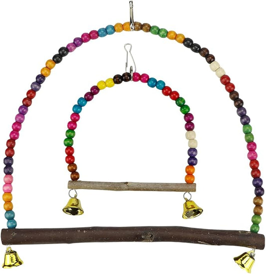2 Pcs Wooden Bird Swing for Cockatiels Parakeets - Natural Wood Perch Hanging Toy with Colorful Beads Bell, Birdcage Climbing Accessories for Lovebirds Conures Budgies