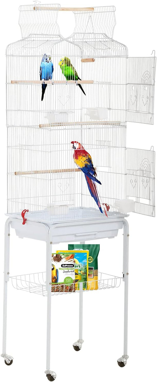 HCY Open Top Standing Bird Cage 64 Inch with Rolling Stand for Parakeets Cockatiel Parrots Lovebirds Medium Small Bird Cage-White L17 * W13 * H64 inches