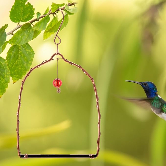 LemonRoad 2 Pcs Hummingbird Swing Bird Swings Metal Frames Birdie Swing with Red Decor Copper Hummingbird Perch with Iron S Hooks for Hanging Indoor Outdoor Trunk Lawn Patio Garden