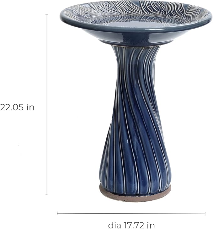 LuxenHome 22 Inch Ceramic Bird Bath for Outside, Elegant Tall Outdoor Bird Bath, Lightweight Pedestal Glazed Birdbaths for Outdoors with Leaves and Swirl Pattern, Blue