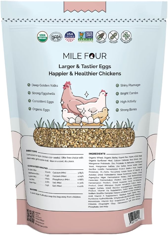 Mile Four Organic Chicken Feed – Layer Mash, Non-GMO, USA Grown, 16% Protein, Corn-Free, Soy-Free, Non-Medicated Feed for Chickens, 2 lbs Sample