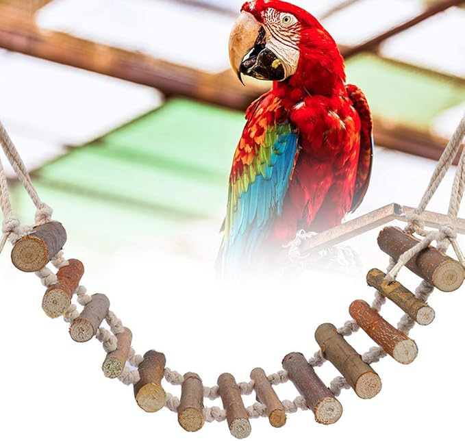 Wooden Bird Hanging Ladder, Parrot Rope Wood Ladder with Rope Swing Bridge for Lovebirds Parakeets Parrots African Grey Cockatiel Pet Training Toys
