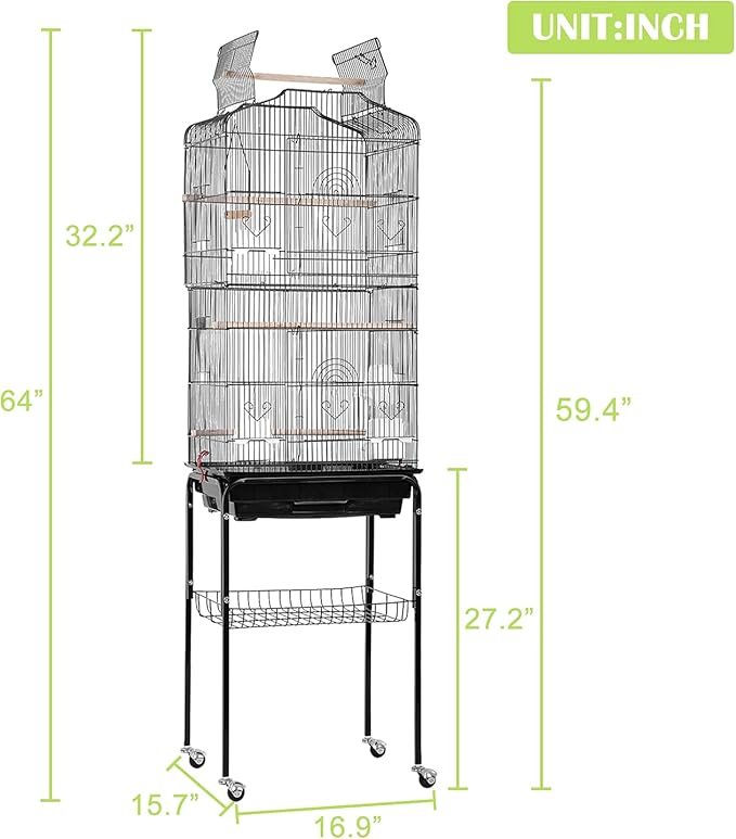 64 Inch Open Top Bird Cage Stand Medium Small Parrot Parakeet Cage with Rolling Stand,Wrought Iron Bird Cage for Cockatiels Lovebirds Parrotlet Flight Conure Pigeon,Black