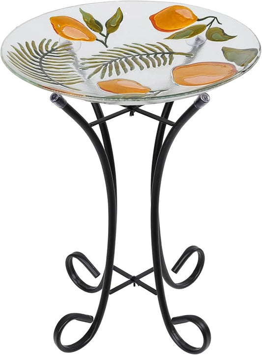 MUMTOP Outdoor Glass Birdbath with Metal Stand for Outside Yard Garden Decor, 18 inch Diameter Lemon Tropical Decorative Bird Baths Bowl for Outdoors, 21.65 inch Height