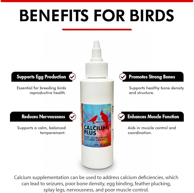 Morning Bird Calcium Plus Liquid for Birds – Calcium Supplement with Vitamins and Minerals for Strong Eggshells, Healthy Bones - Support Growth, Breeding, and Wellness for All Birds 4 Fl Oz