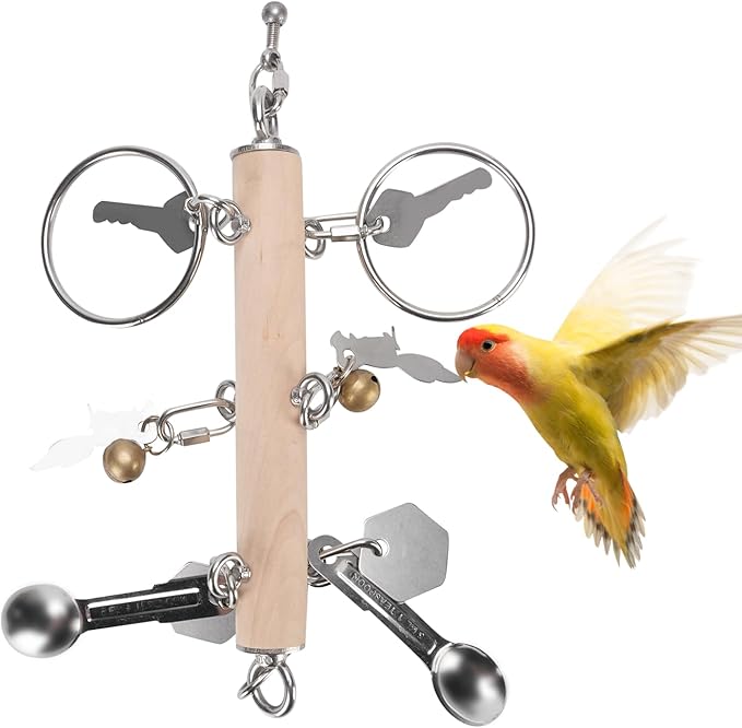 VINGVO Parrot Bird Toys with Metal Spoons, Stainless Steel Keys Rings Toy, Intelligence Development Crisp Sound Toys for Amazons Mini Medium Large Macaws African Greys Cockatoos Eclectus