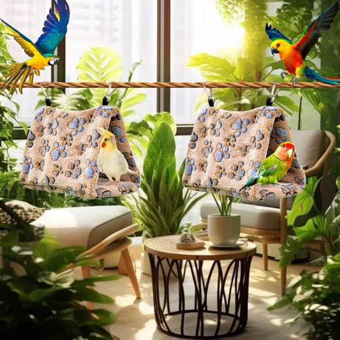 2 Pack Bird Nest Plush Snuggle Bird Hammock Hanging Bird Cave Parrot Sleeping Bed Shed Hut Hanging Tent for Budgies Finch Parakeet Cockatiel Cockatoo Lovebird-Foot Pattern (Brown&White)