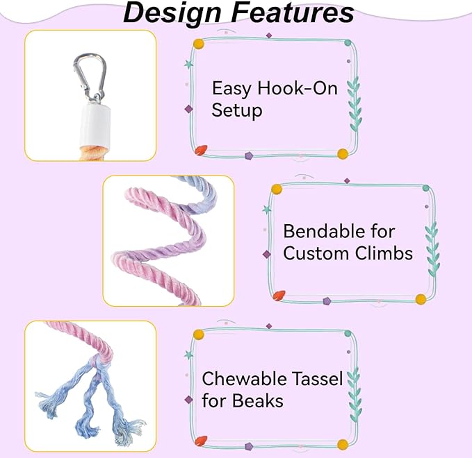 31.5" Bendable Bird Perch Cotton Rope Rainbow Bird Toy Twistable Ladder Swing Chewable Gym for Parakeets Cockatiels Conures Lovebirds
