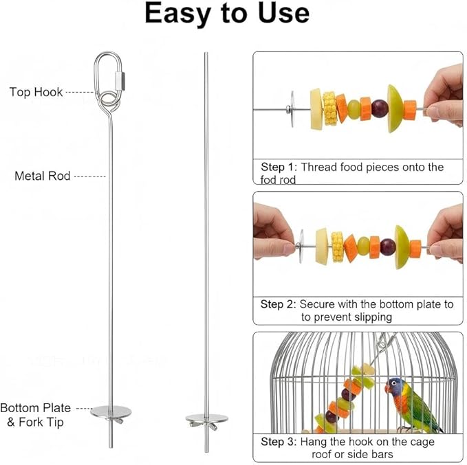 3P Stainless Steel Bird Cage Food Holder & Foraging Toy for Parakeets, Budgies, Macaws - Fruit & Vegetable Skewer Feeder