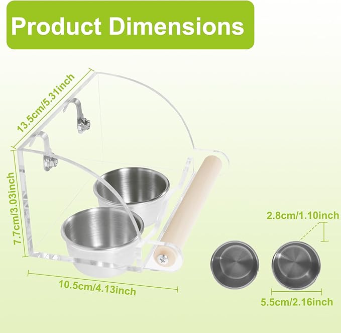 Bird Feeder for Cage,Transparent Parrot Feeder with Nonslip Wood Perch, Stainless Steel Birds Food Bowl Water Bowl, Bird Cage Seed Catcher for Small Medium Parakeet Cockatoos Lovebirds Budgies Conures