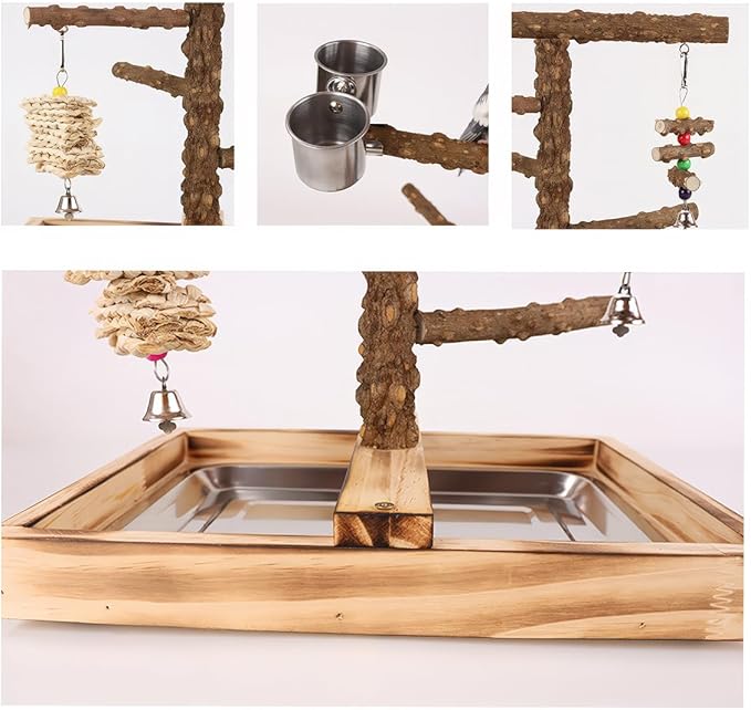 Bird Perch Stand, Natural Wood Bird Perch Stand, Wooden Parrot Perch Stand Fork Toys Hanging Multi-Branch Rope Perch Platform Hammock Swing Toy Chewing Stick Cage Accessories