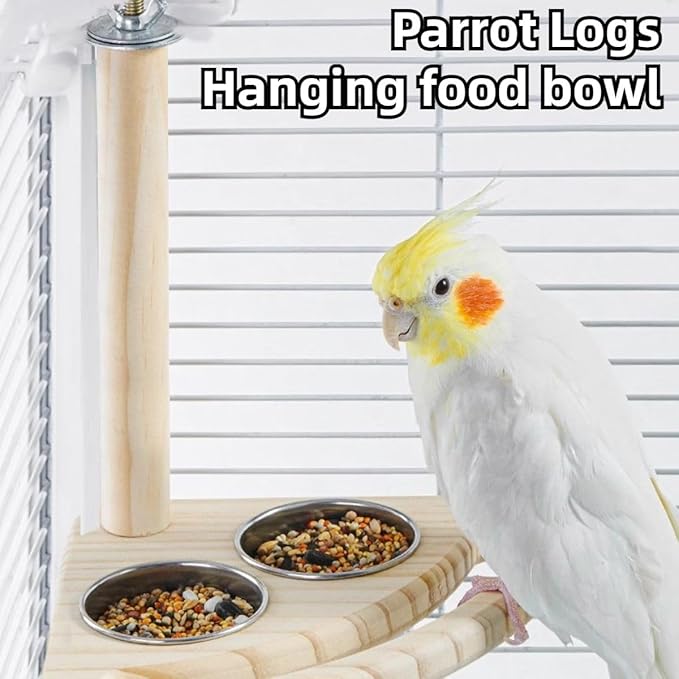 Bird Perch, Parrot Platform Wood Stand with Feeding Bowl Cups Bird Toys Parrot Cage Accessories for Parakeet Lovebird Cockatiel Conure Budgie Small Animals