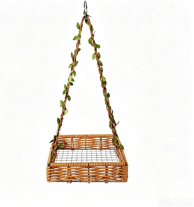 Hanging Rattan Bird Nest for Cage, Bird-Safe Vine Swing Perch with Leaves, Washable Chew-Proof Hammock Nest for Lovebird Cockatiel Budgie Conure, Cage Decoration & Rest Toy for Small Birds (Square)